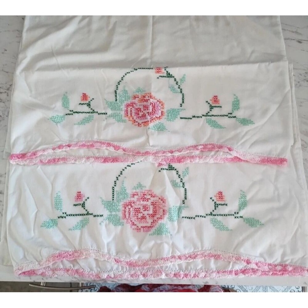 Vintage Hand Embroidered Pillowcases Pair Cross Stitch Pink Floral Queen